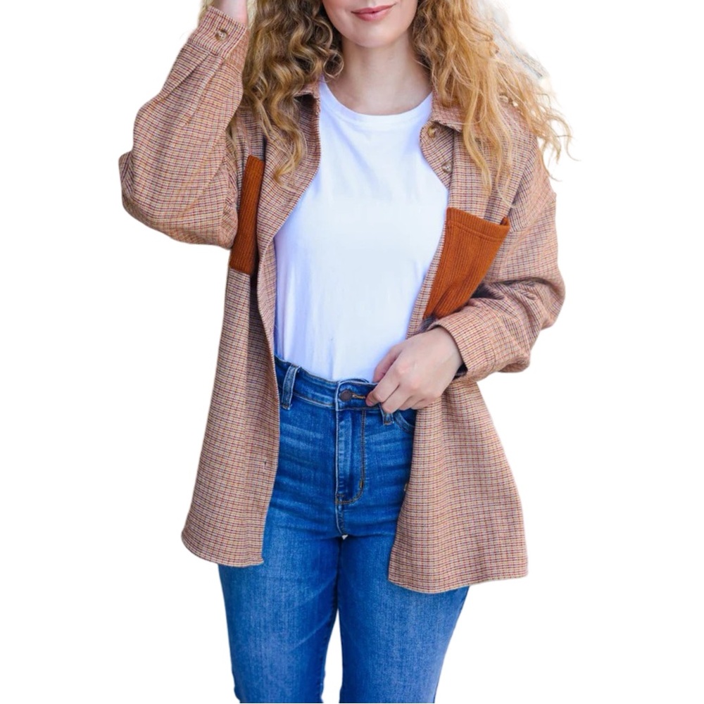 HAPTICS START YOU DAY RUST FLANNEL PLAID OVERSIZED SHACKET - Picture 9 of 10